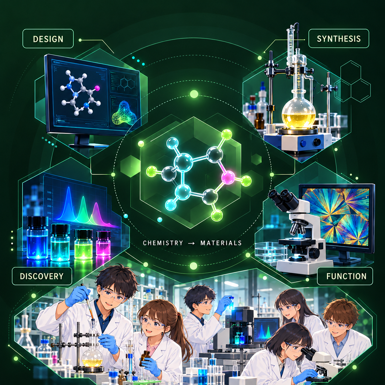 Design, synthesis, discovery, and function connected around chemistry-to-materials in the laboratory.
